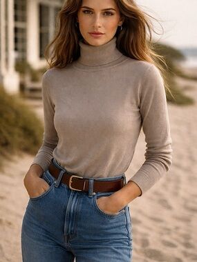 Louben Silk Blend Ribbed Turtleneck Top Neutral Beige Basic